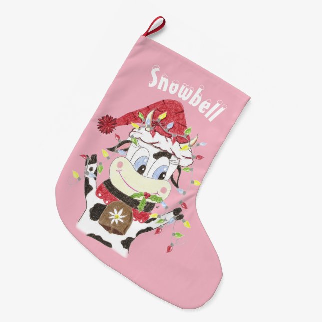 Personalisierte Kuh Rosa Weihnachtszeit Strumpf Großer Weihnachtsstrumpf (Vorderansicht (hängend))