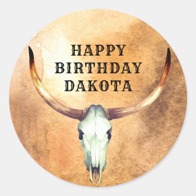 Personalisierte Kuh Skull Steer Cowboy Birthday Cl Runder Aufkleber (Vorderseite)