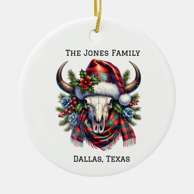 Personalisierte Kuh Skull Western Weihnachten Keramik Ornament (Vorne)