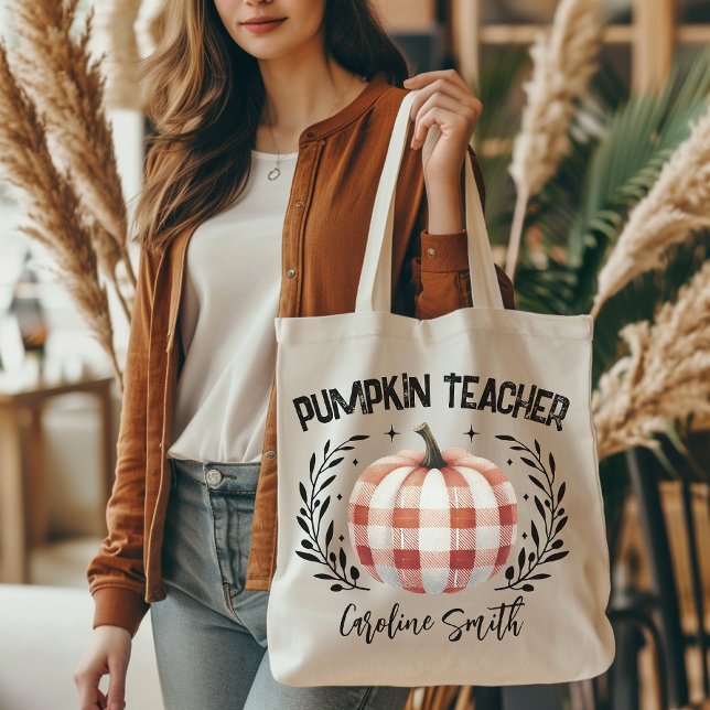 Personalisierte Kürbislehrer-Tasche, Fall Tragetasche (personalized tote bag, checkered pumpkin tote, Halloween vibes, Halloween tote bag, teacher gift, )