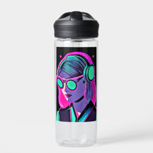 Personalisierte Lady in Kopfhörern Aquamarin und r Trinkflasche