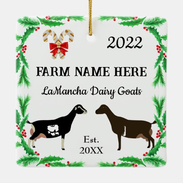 Personalisierte LaMancha Milchziegenfarm Weihnacht Keramikornament (Rückseite)