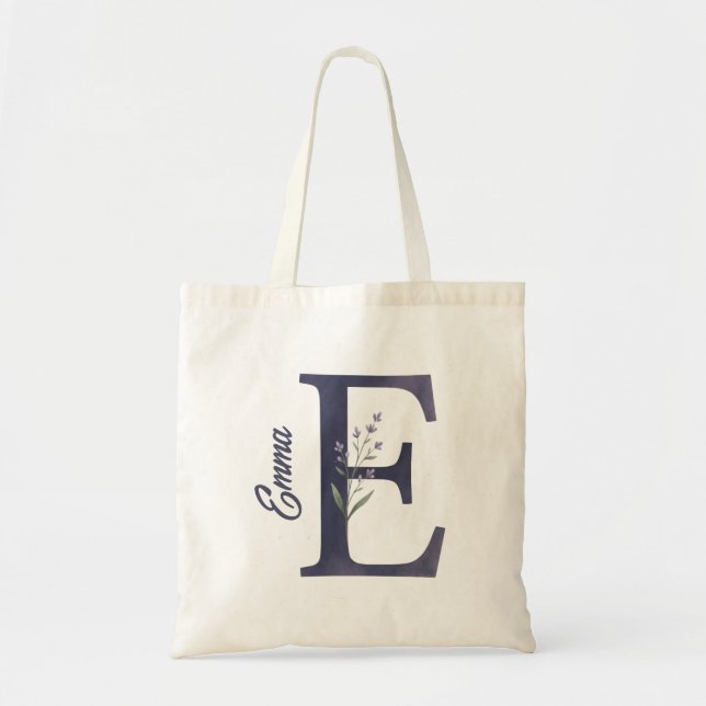 Personalisierte Lavendel-Blumen-E-Monogramm-Tasche Tragetasche (Vorne)