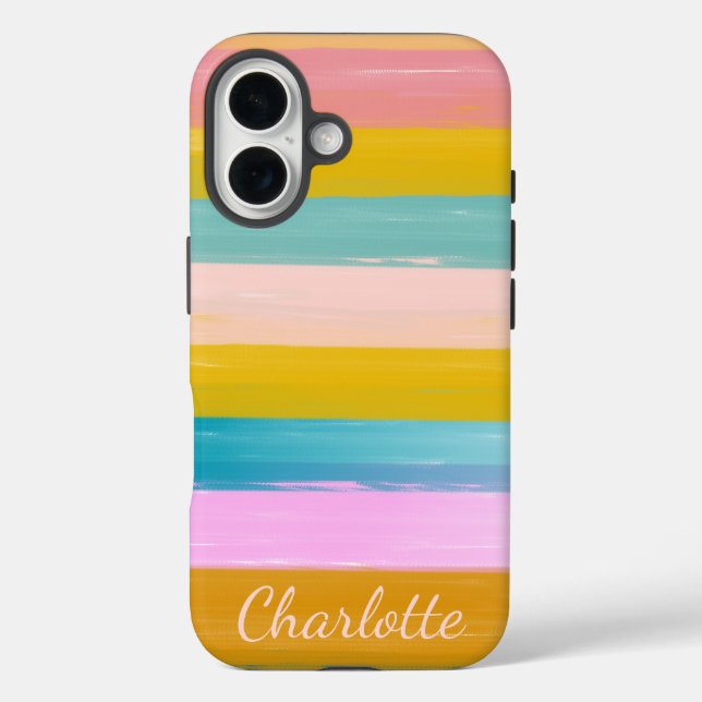 Personalisierte, lebhafte Pastell-Streifen Pinsels iPhone 16 Hülle (Rückseite)