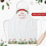 Personalisierte Leckereien für Familienfeiertage - Schürze<br><div class="desc">Herrliche Schürze mit allen Textbereichen, die Sie für Ihre individuellen Wünsche benötigen! Einzigartiges Design mit Bereich für Ihren Namen/Familiennamen und Nachricht auf der Oberseite mit Bannern mit Heiligen und Mistleton verziert. Untere Gegend mit herrlicher festlicher Grenze mit Weihnachtsbäumen Urlaubskost, Grün, Heiligen, Sternen und Bonbons. Ein einzigartiges Geschenk, das Sie sicher...</div>