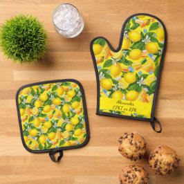 Personalisierte Lemon & Pills Pharmacy Kitchen Ofenhandschuh & Topflappen-Set