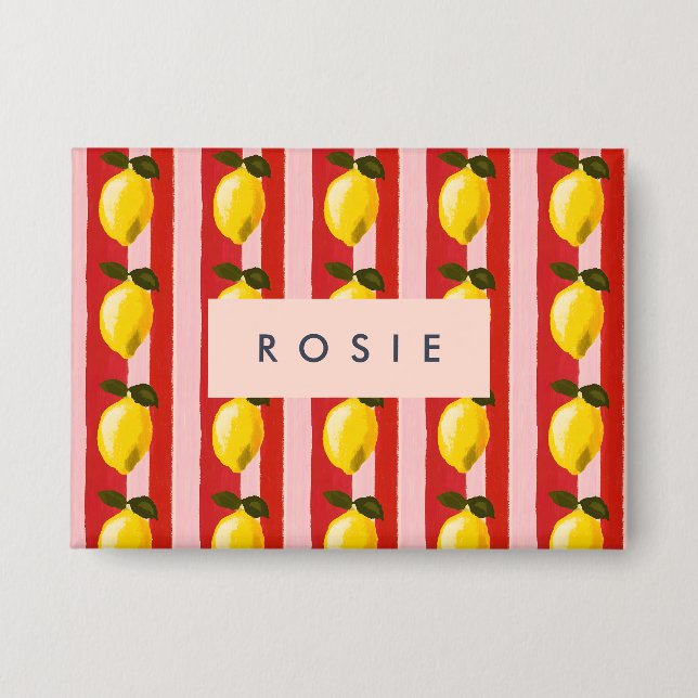 Personalisierte Lemon Stripe Muster Gelbe Zitronen Button (Vorderseite)