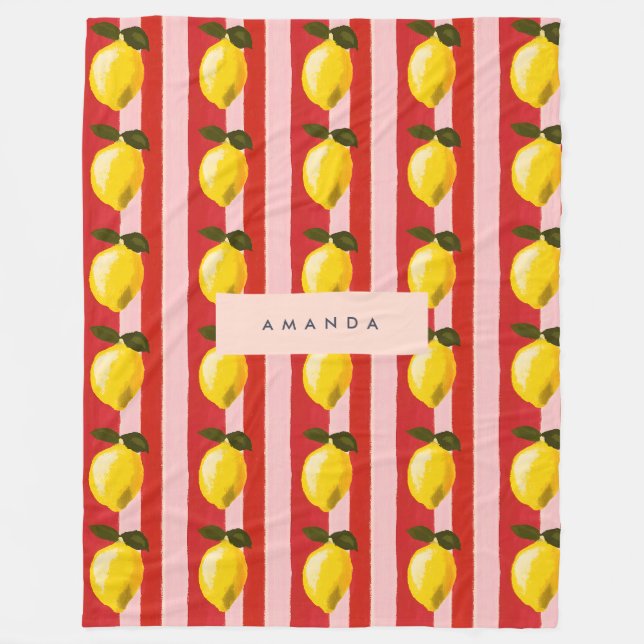 Personalisierte Lemon Stripe Muster Gelbe Zitronen Fleecedecke (Vorderseite)