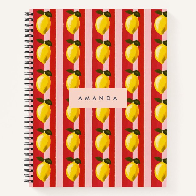 Personalisierte Lemon Stripe Muster Gelbe Zitronen Notizbuch (Vorderseite)