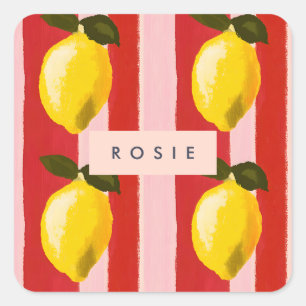 Personalisierte Lemon Stripe Muster Gelbe Zitronen Quadratischer Aufkleber