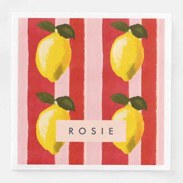 Personalisierte Lemon Stripe Muster Gelbe Zitronen Serviette (Vorderseite)