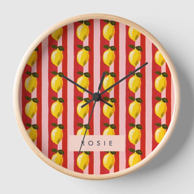 Personalisierte Lemon Stripe Muster Gelbe Zitronen Uhr (Vorderseite)