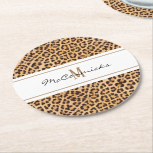 Personalisierte Leopard Print Monogram Runder Pappuntersetzer