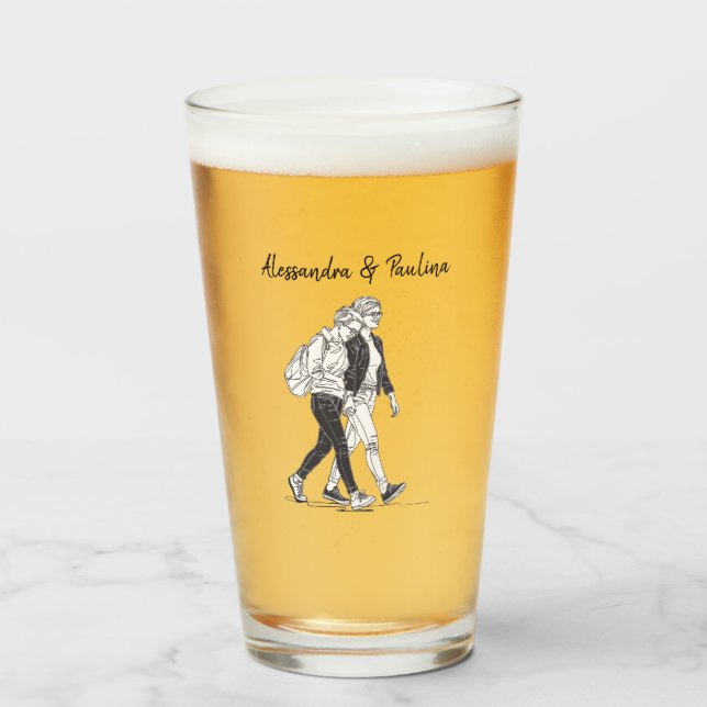 Personalisierte Lesbische Couple Walking Line Art Glas (Vorne (Gefüllt))