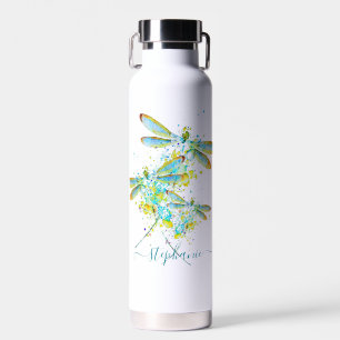 Personalisierte Libelle in Türkis mit Spritzern Trinkflasche