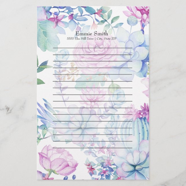 Personalisierte Lila blaue Kaktus und blumenweiße  Briefpapier (Vorderseite)