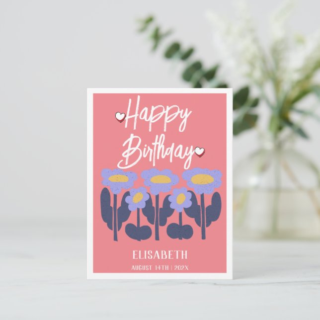 Personalisierte Lila Blütenweibchen Geburtstag Postkarte (Stehend Vorderseite)