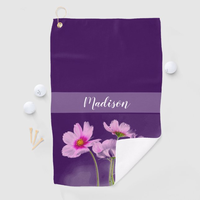 Personalisierte Lila Blütenweibchen Golfhandtuch (Insitu)