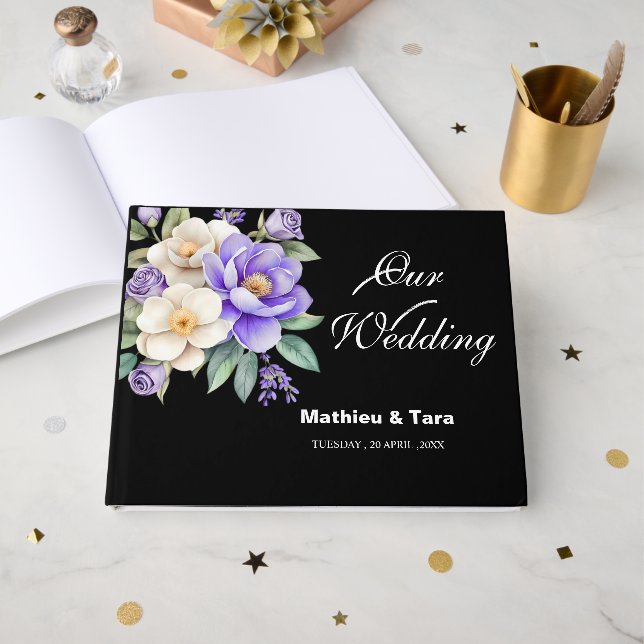 Personalisierte Lila Bouquet-Hochzeit Gästebuch (Vorderseite Offen)