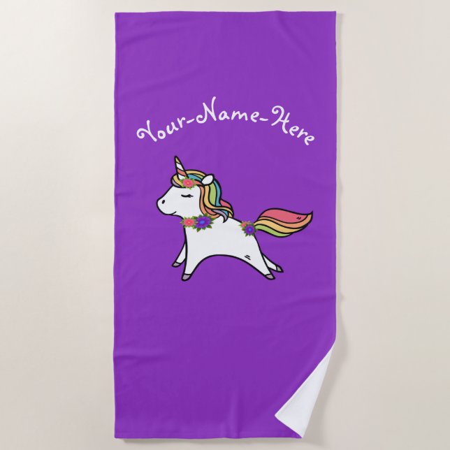 Personalisierte Lila einhornblaue und rosa Blume Strandtuch (Vorderseite)