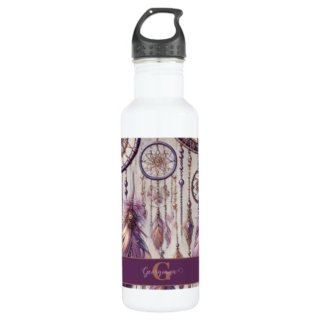 Personalisierte Lila & Gold Boho Dreamcatcher Edelstahlflasche (Vorderseite)