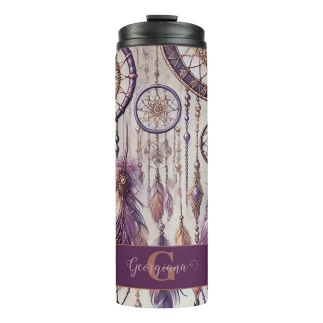 Personalisierte Lila & Gold Boho Dreamcatcher Thermosbecher (Vorderseite)