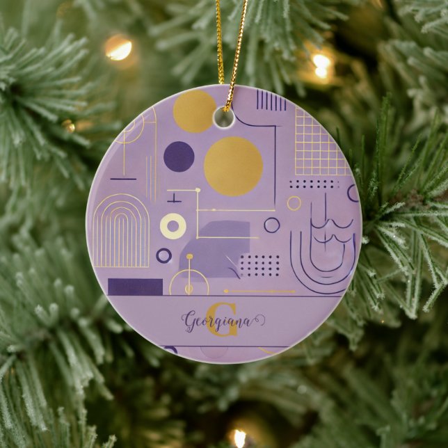 Personalisierte Lila & goldene skandinavische Mini Keramik Ornament (Baum)
