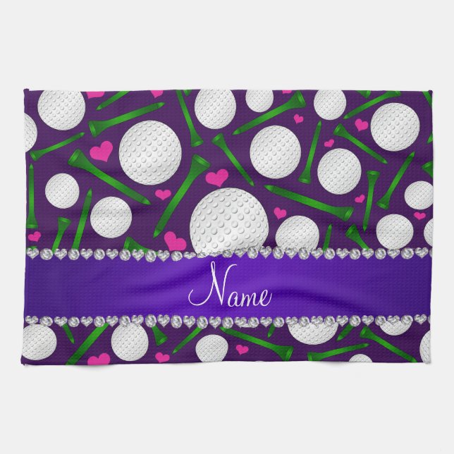 Personalisierte lila Golfball-T-Shirtsnamensherzen Handtuch (Horizontal)