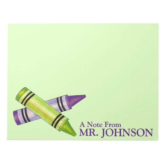 Personalisierte Lila Green Crayon Lehrer Bildung Notizblock (Vorderseite)