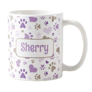Personalisierte Lila Hearts Paw Prints Tasse