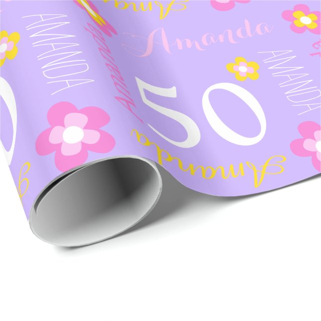 Personalisierte lila NamensBlumen Geschenkpapier (Rolleneckpunkt)