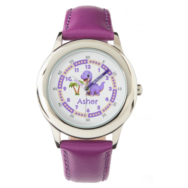 Personalisierte Lila Niedliche Dinosaurier Zeitunt Armbanduhr (Vorderseite)