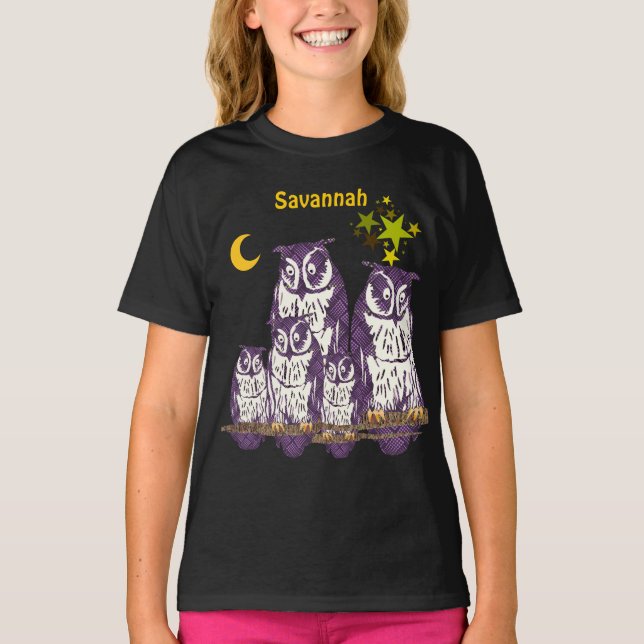 Personalisierte Lila Owls Mond und Sterne Baby T-shirt (Vorderseite)
