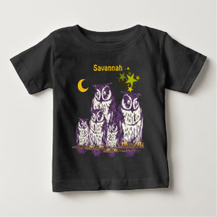 Personalisierte Lila Owls Mond und Sterne Baby T-shirt