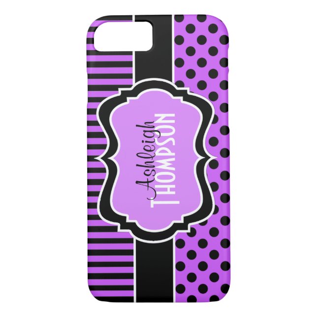 Personalisierte Lila, schwarz gestreifte Polka-Pun Case-Mate iPhone Hülle (Rückseite)