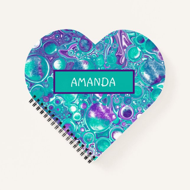 Personalisierte Lila und aquamarine Marmorflüssigk Notizbuch (Vorderseite)