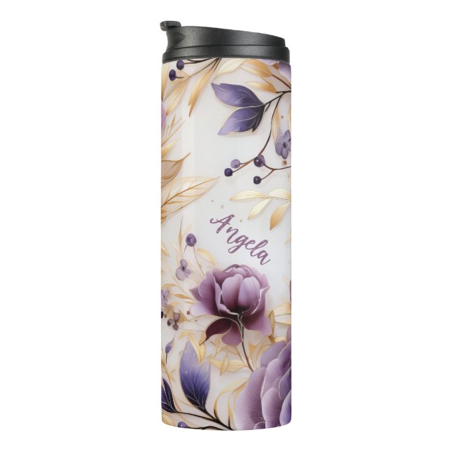 Personalisierte Lila und goldene Blumen Thermosbecher (Nach rechts gedreht)
