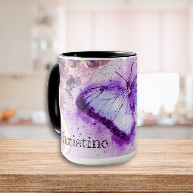Personalisierte Lila und goldene Schmetterlinge Tasse (Purple and Gold Watercolor Butterfly Mug)
