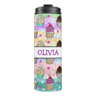 Personalisierte, Lila und rosa Cupcakes Thermosbecher