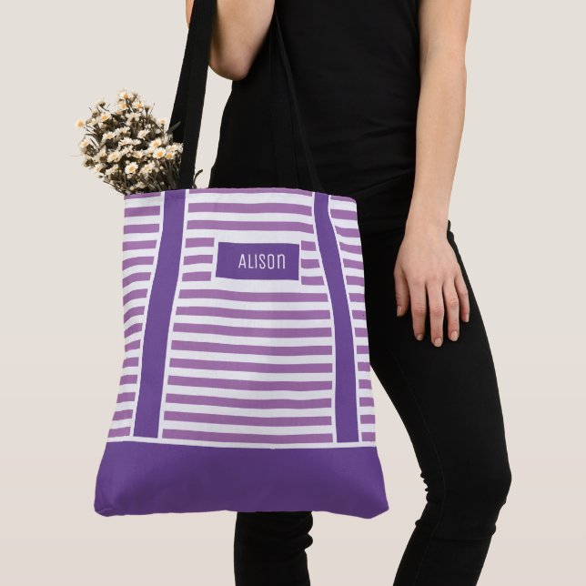 Personalisierte Lila und weiße Streifen Tasche (Von Nahem)
