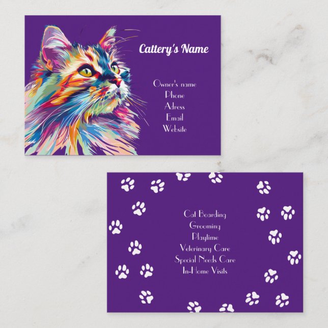 Personalisierte Lila Visitenkarte für den Cattery (Vorne/Hinten)