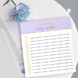 Personalisierte Lilac- und Gold-Liste Notizblock<br><div class="desc">Einfach und elegant zu erledigen, in trendiger Lilie und Gold. Die Vorlage ist für Sie Set, um die Checkliste mit Ihrem Namen zu personalisieren und Sie können auch den Titel anpassen, der derzeit "Heute's to do list" liest, wenn Sie möchten. Das Design umfasst Regellinien und Checkboxen, mit denen eine Übersicht...</div>