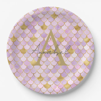 Personalisierte Lilac- und Gold-Meerjungenskala Pappteller