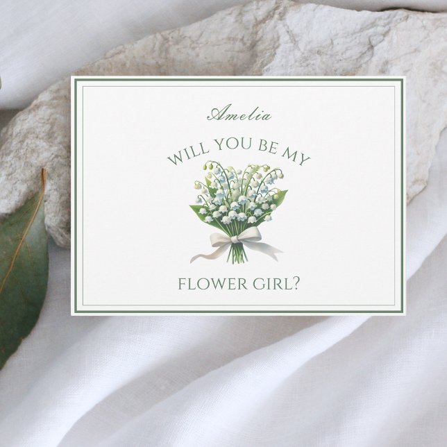 Personalisierte Lily of the Valley Bow Flower Girl Karte (Personalized flower girl card with a lily of the valley design, perfect for chic garden wedding.)