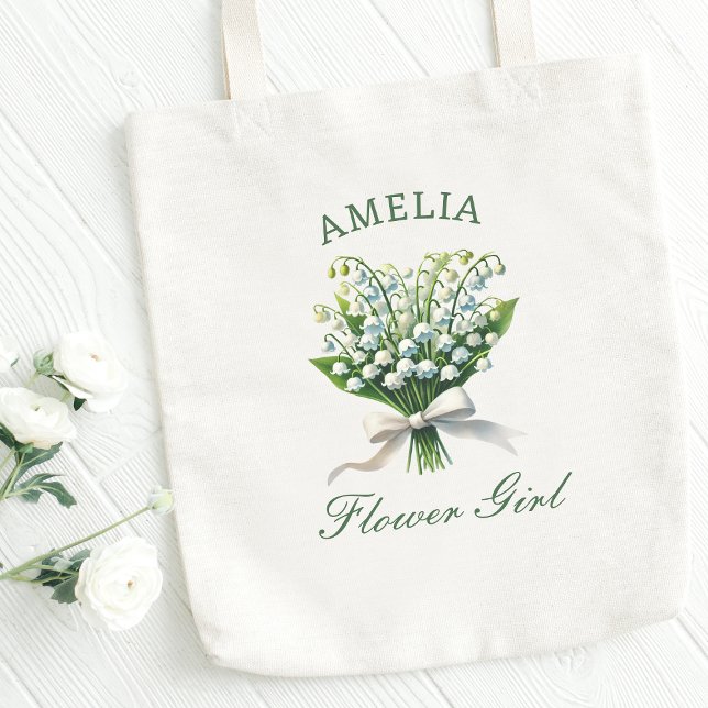 Personalisierte Lily of the Valley Bow Flower Girl Tragetasche (Personalize this elegant flower girl tote with lily of the valley blooms—perfect for your big day!)