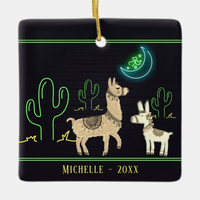 Personalisierte Llamas, Neon Moon und Kacti Weihna Keramikornament (Vorderseite)