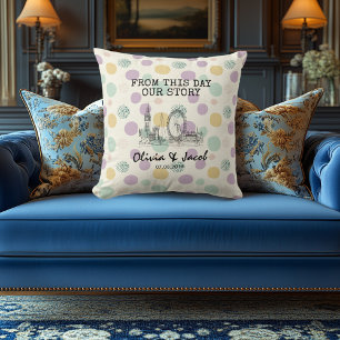 Personalisierte London-Skyline mit Pastell-Polka-P Kissen