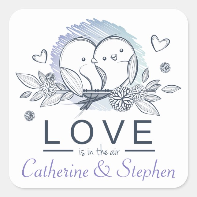 Personalisierte Lovebirds Lila Liebe Hochzeit Quadratischer Aufkleber (Vorderseite)