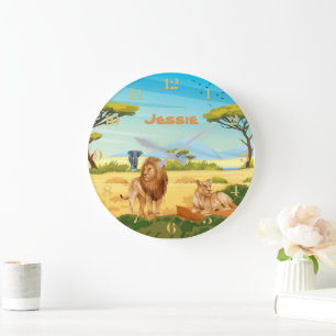 Personalisierte Löwen auf der Savannah Große Wanduhr