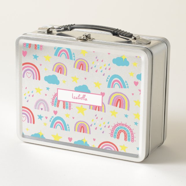 Personalisierte Lunchbox mit Regenbogen-Namensdesi (Vorderseite)